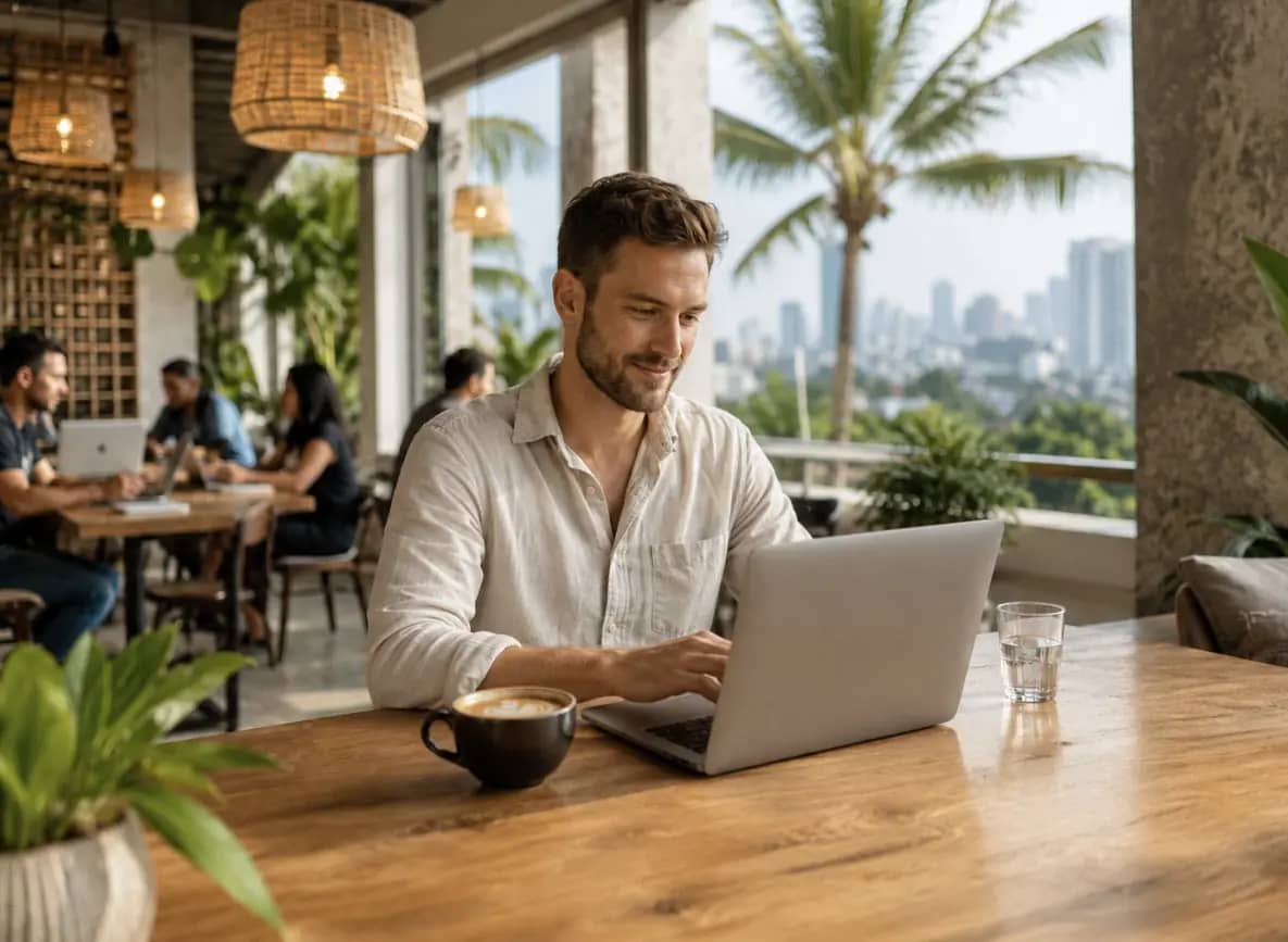 Digital nomad working remotely from a laptop