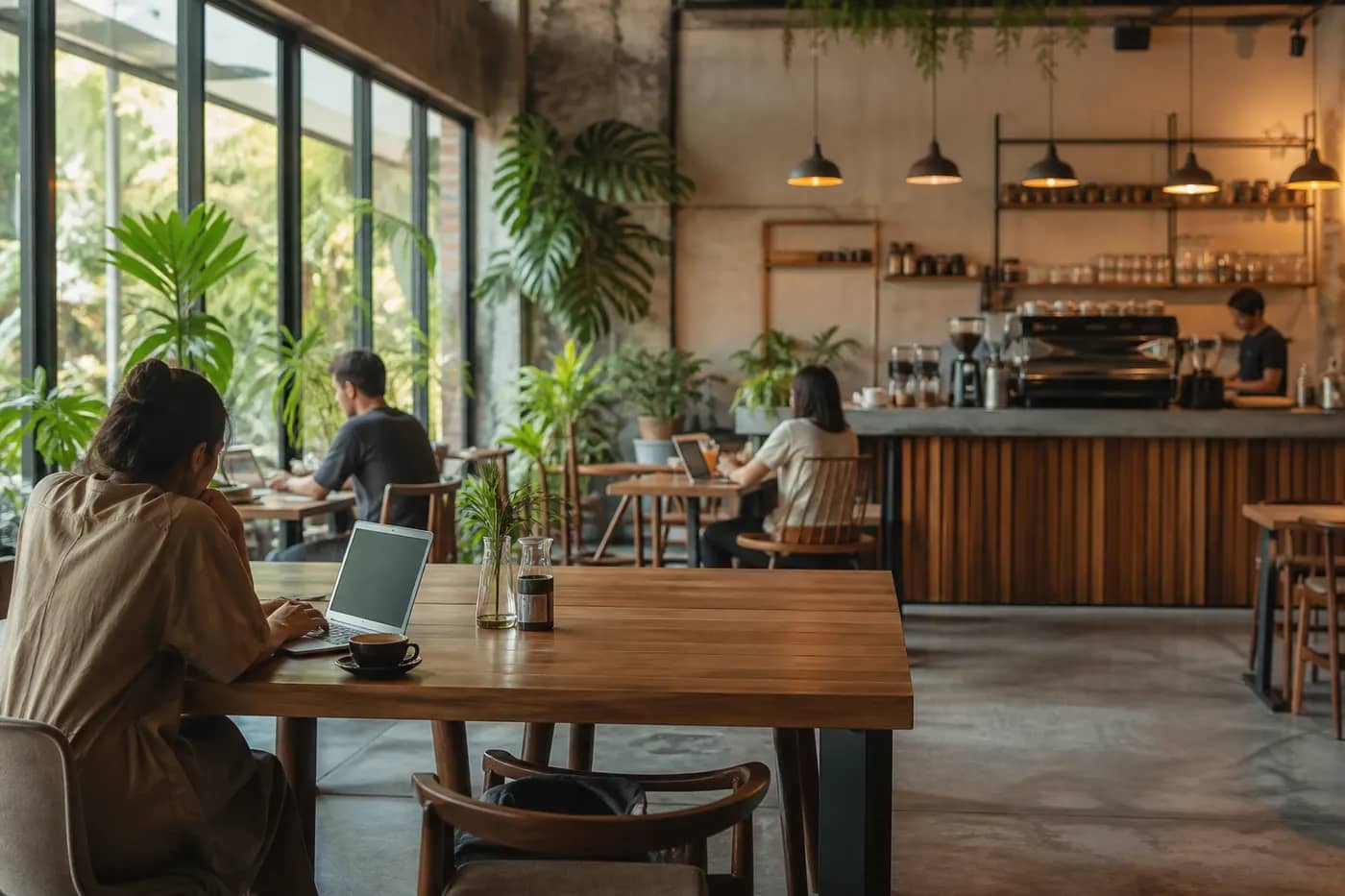 Work-friendly cafe editorial illustration for Bangkok