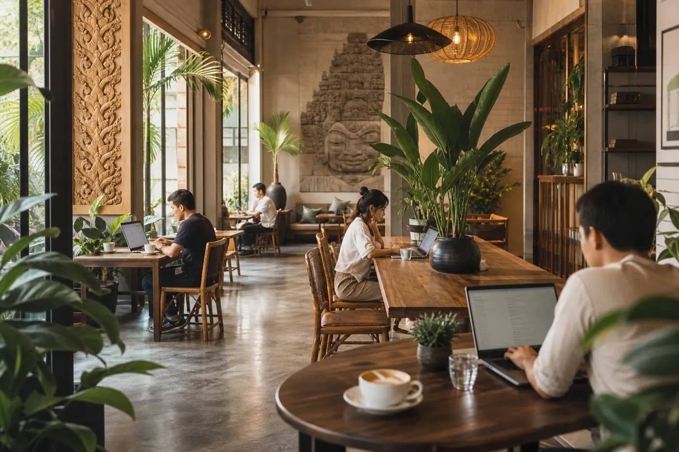 Work-friendly cafe editorial illustration for Phnom Penh
