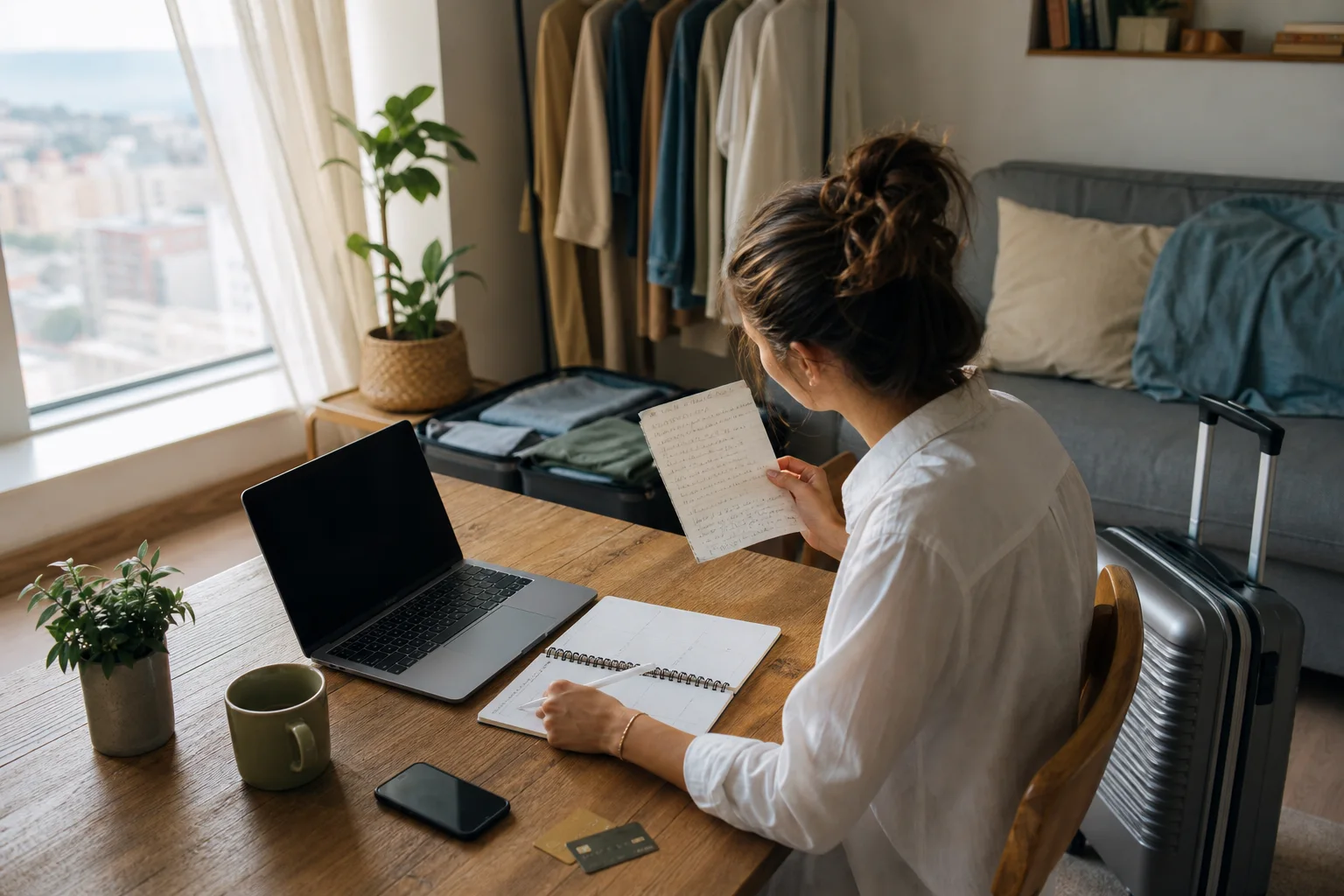 Digital nomad reviewing a practical departure checklist beside a laptop and carry-on