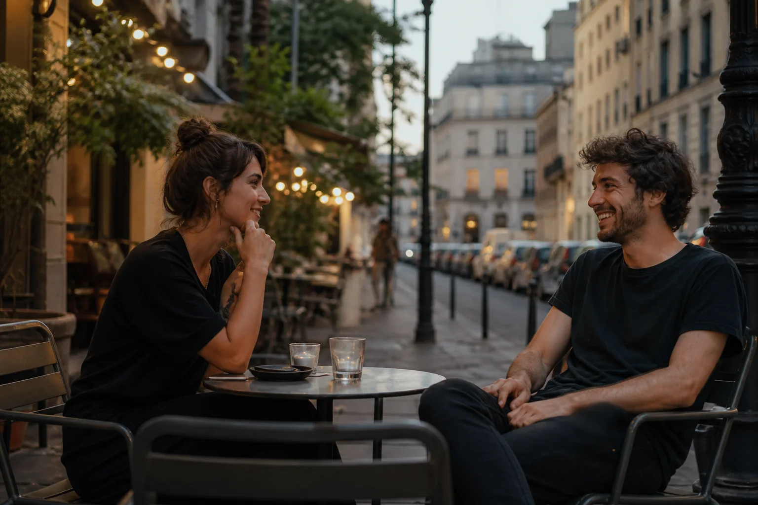 Two adult digital nomads having an honest conversation at a quiet outdoor cafe