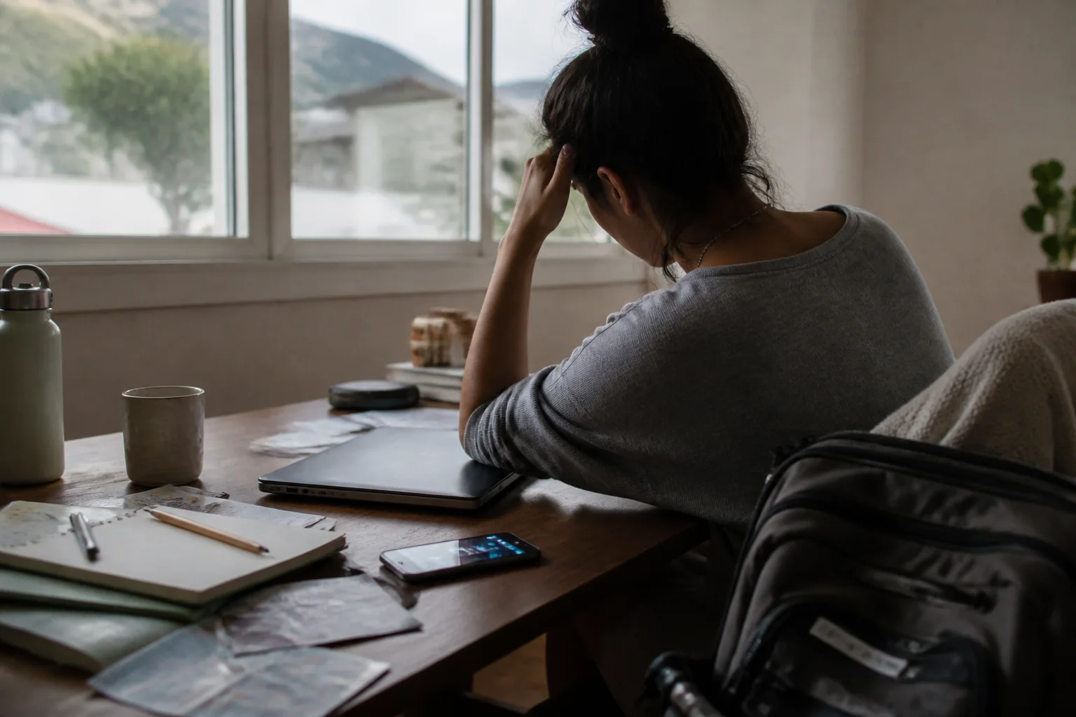 Exhausted remote worker pausing at a temporary desk with a closed laptop