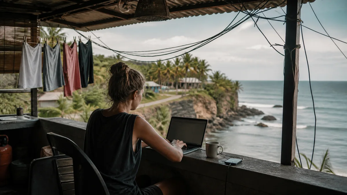 Remote worker balancing an attractive view with everyday chores and cables