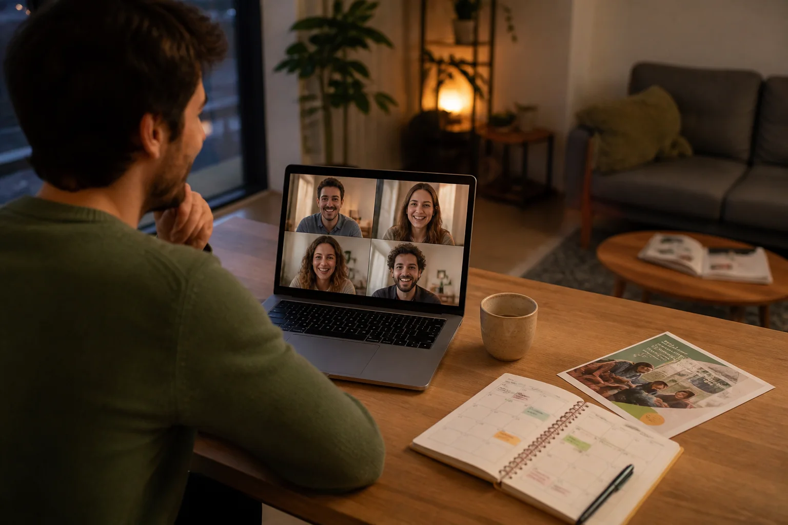 Digital nomad maintaining close relationships through a scheduled evening video call