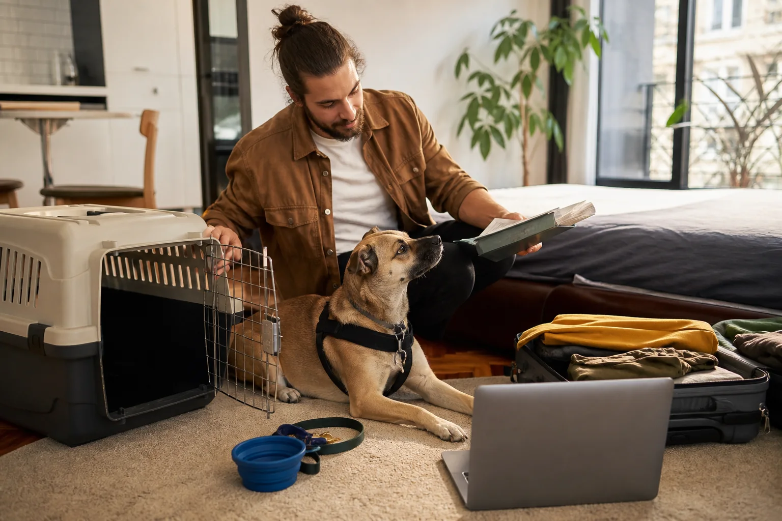Remote worker preparing a dog carrier, harness and veterinary documents for travel
