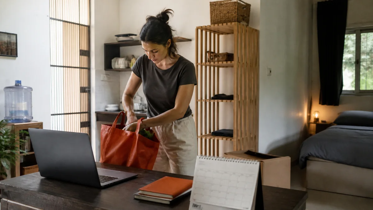 New digital nomad setting up a practical monthly apartment workspace