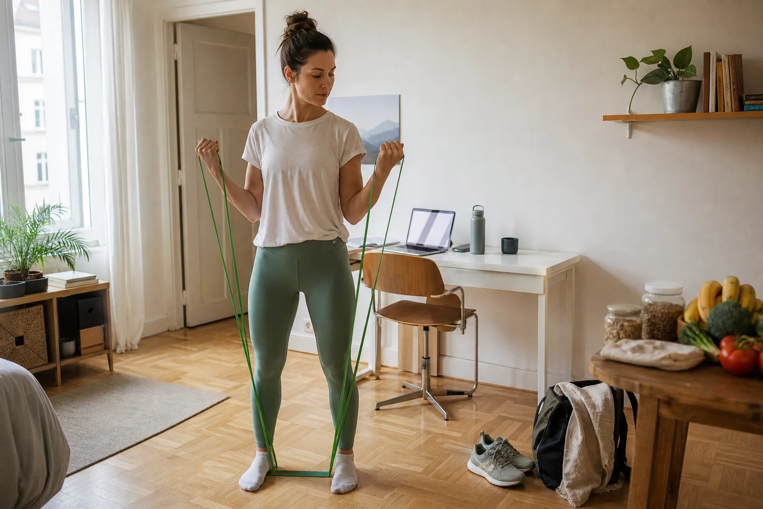 Digital nomad doing a portable resistance-band workout beside a small apartment desk