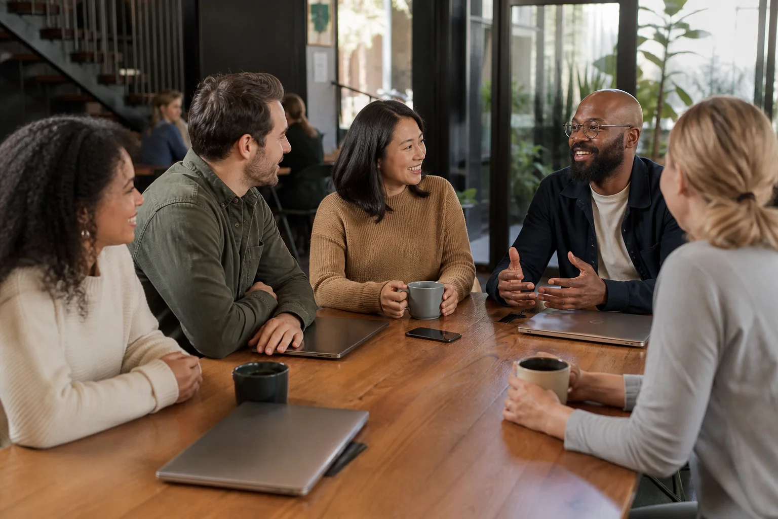 Small diverse group of remote workers welcoming a newcomer at a communal table