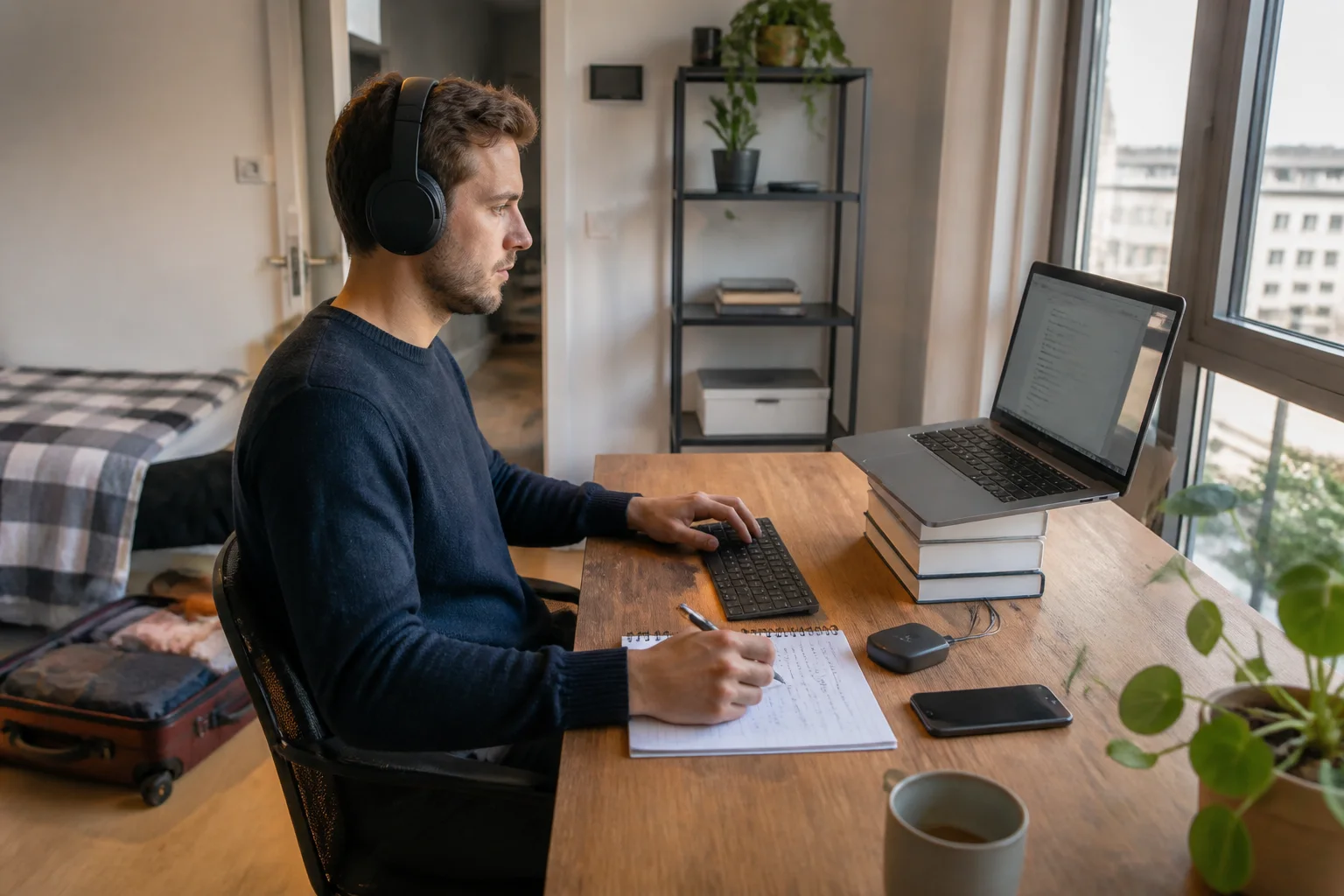 Digital nomad testing a practical workstation while luggage remains partly unpacked