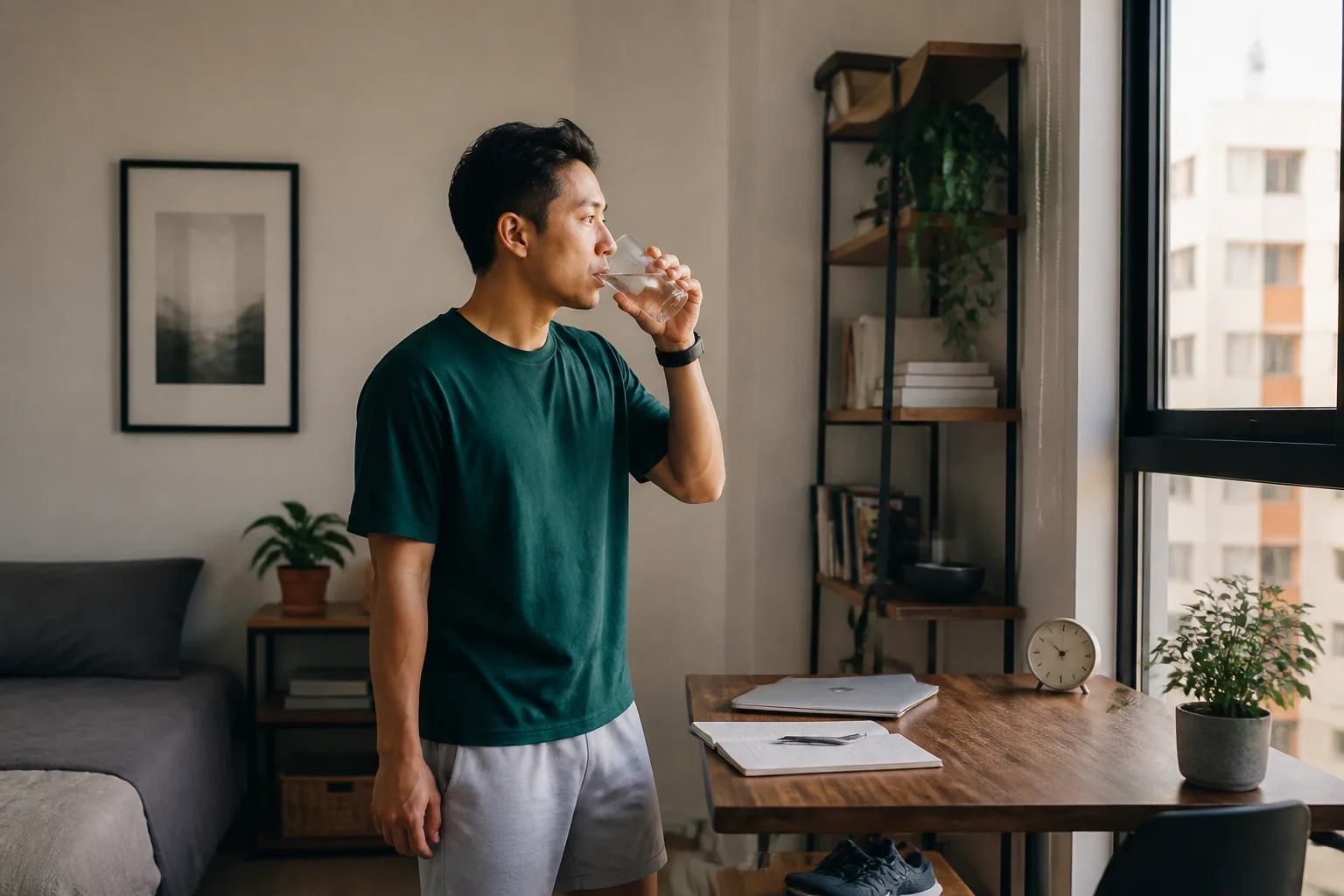 Remote worker drinking water beside a notebook, walking shoes and closed laptop in the morning