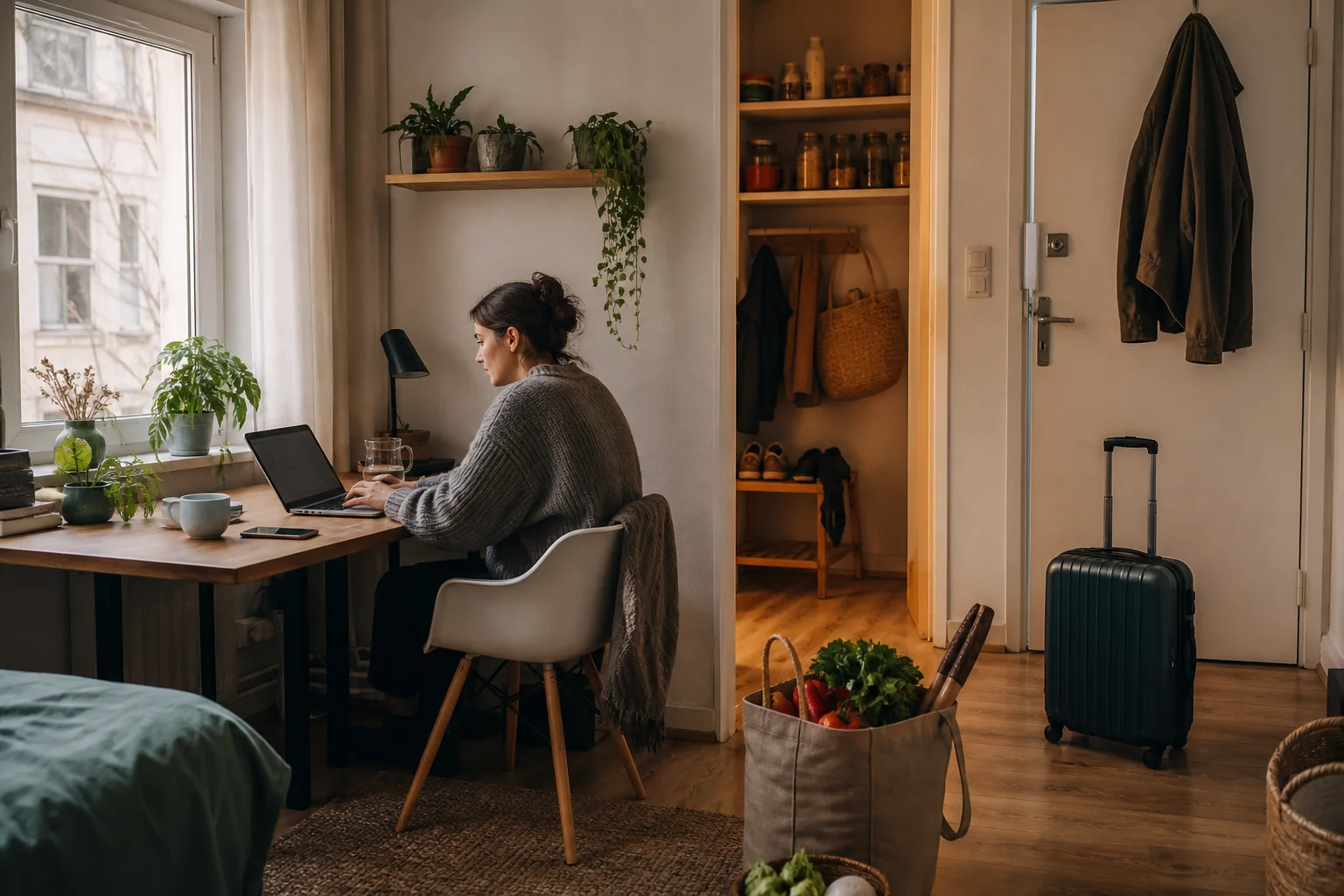 Remote worker settled in a monthly apartment with an unpacked carry-on near the door